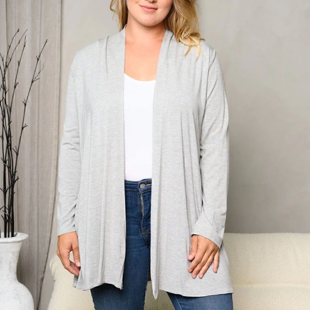 NEW PLUS Size Open Front Long Sleeved Grey Cardigan Sweater Boho Casual